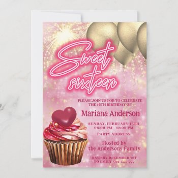 Cool Gold Balloon  Sparkle Fireworks Cupcake Invitation by Makidzona at Zazzle