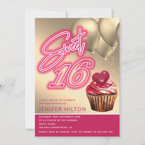 Cool gold balloon whimsy cupcake neon sweet 16 invitation