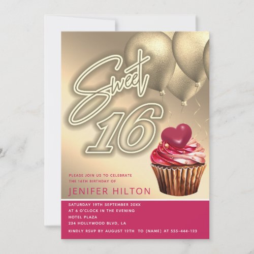 Cool gold balloon whimsy cupcake neon sweet 16 invitation