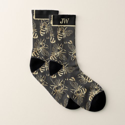 Cool Gold Black Bees Insect Mens Monogram Socks