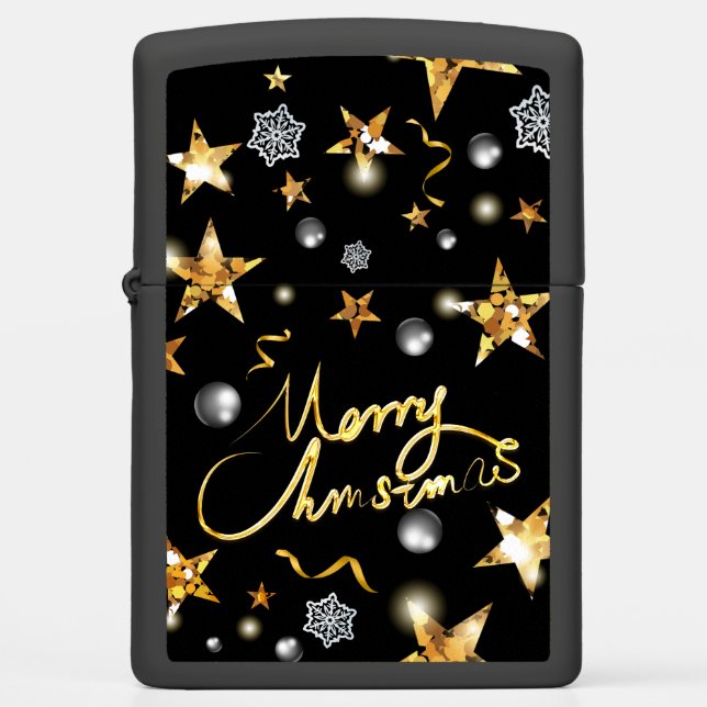 Cool Gold & Black Fashion Merry Christmas  Zippo Lighter (Front)