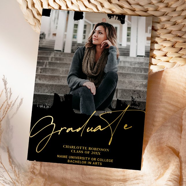 Cool gold Black graduate script photo graduation Foil Invitation (Creator Uploaded)
