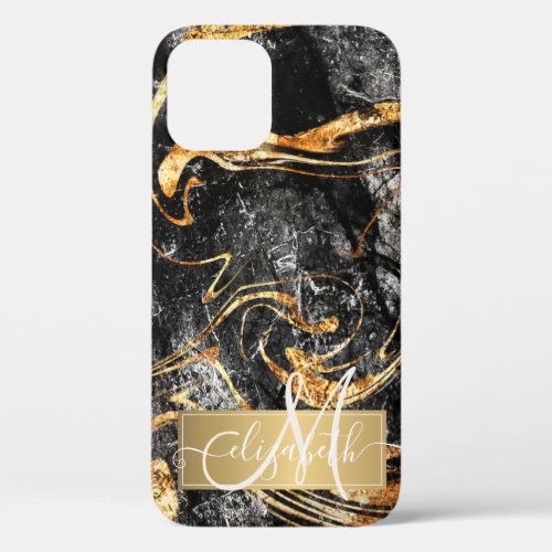 Cool Gold Black Marble Texture Monogram iPhone 12 Case