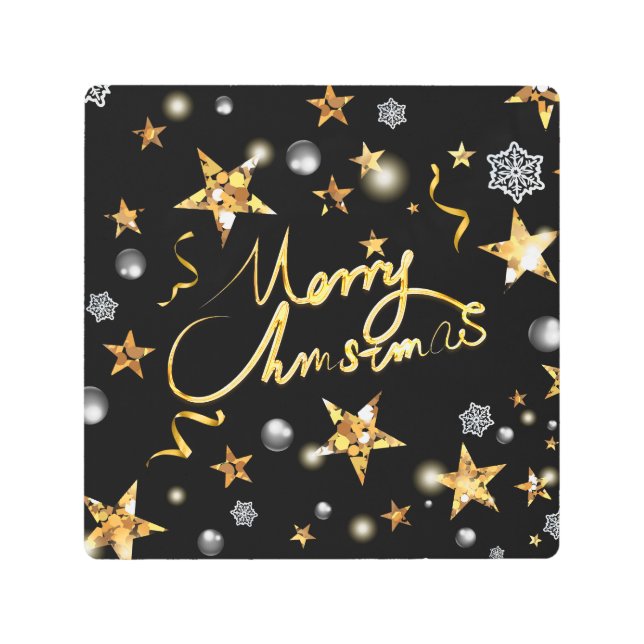 Cool Gold Black Stars Metallic Fashion Merry Xmas  Metal Print (Front)
