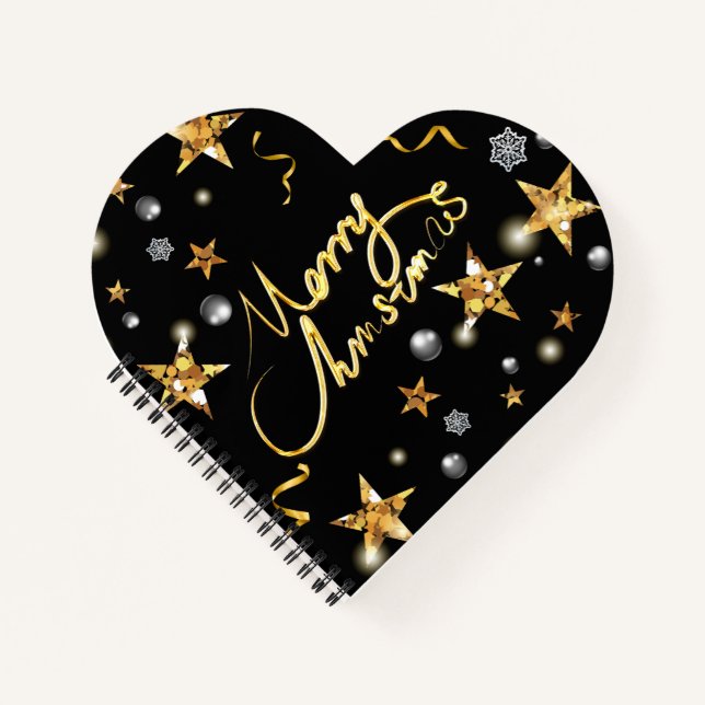 Cool Gold Black Stars Metallic Low-key Luxury Xmas Notebook (Front)