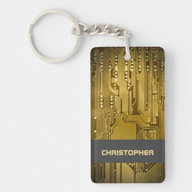 Cool Gold Computer Circuit Board Monogram Keychain (Front)