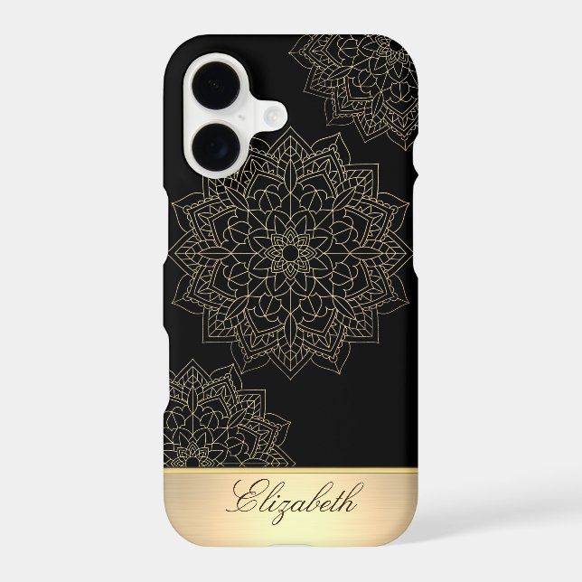 Cool Gold Floral Mandala, Black -Personalized Case-Mate iPhone Case (Back)