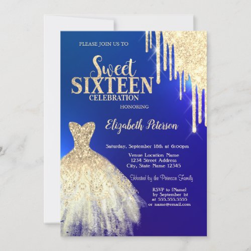 Cool Gold Glitter DripsDress Blue Sweet 16  Invitation