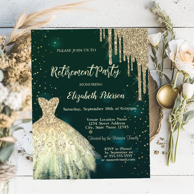 Cool Gold Glitter Drips,Dress Green Retirement  Invitation (Creator Uploaded)