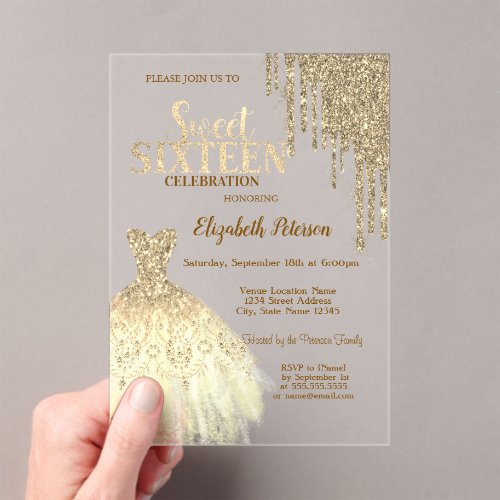 Cool Gold Glitter Drips,Dress Green Sweet 16 Acrylic Invitations