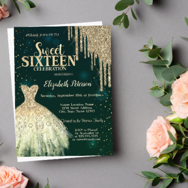 Cool Gold Glitter Drips,Dress Green Sweet 16 Invitation (Creator Uploaded)