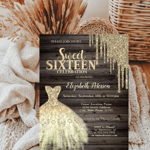 Cool Gold Glitter Drips,Dress Wood Sweet 16  Invitation