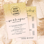 Cool gold glitter prices logo pink We're open Flyer<br><div class="desc">Tell your customer about your new re-opening with new safety measures...  with this chic yellow gold glitter ombre on chic editable pastel blush pink ,  add your logo and add your prices lists and services at the back</div>