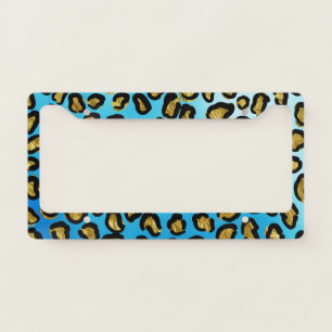 Cool Gold Leopard Print Blue Background Unique License Plate Frame