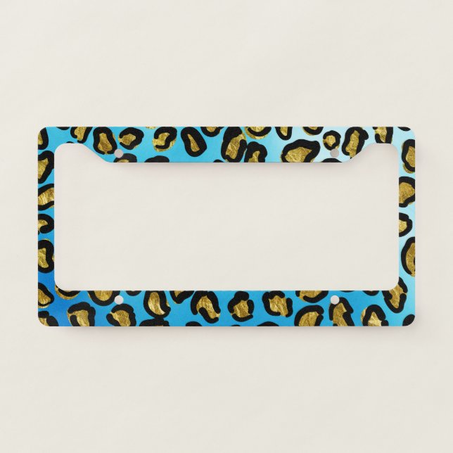 Cool Gold Leopard Print Blue Background Unique License Plate Frame (Front)