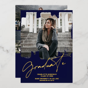 Cool gold navy graduate script photo graduation foil invitation