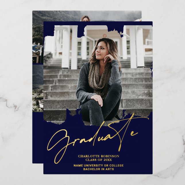 Cool gold navy graduate script photo graduation foil invitation (Front/Back)