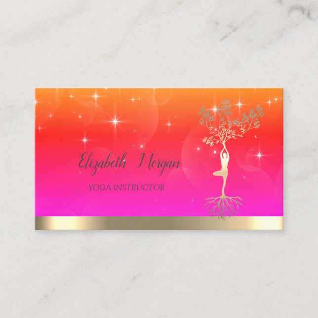 Cool Gold Tree Women Silhouette,Stars, Yoga Business Card (Front)