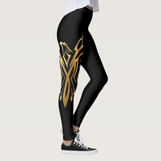 Cool Gold Tribal Phoenix Bird on Black Yoga Pants (Right)