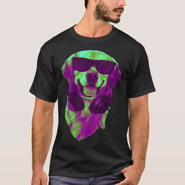 Cool Golden Retriever DJ with Headphones & Sunglas T-Shirt (Front)