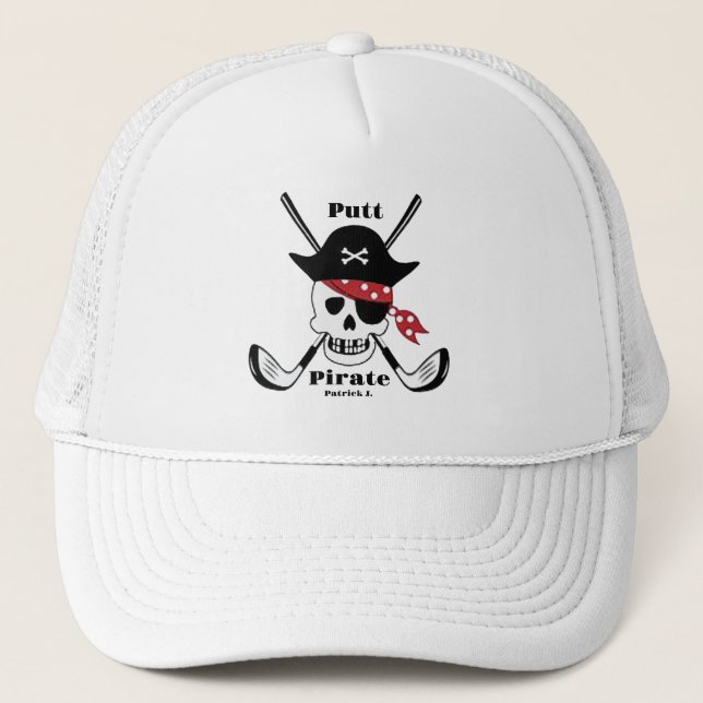 Cool Golf Hats, Putt Pirate Golf Theme Golf Gift Trucker Hat (Front)