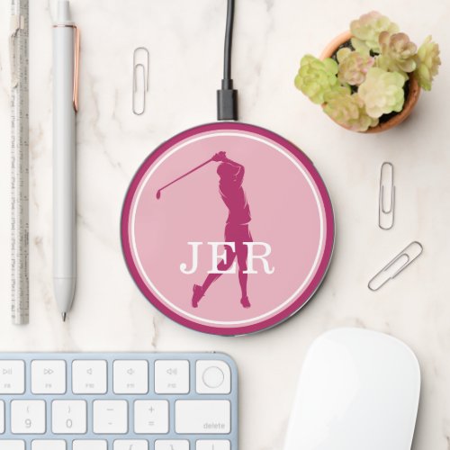 Cool Golf Lady Sports Golfer Elegant Monogram Pink Wireless Charger