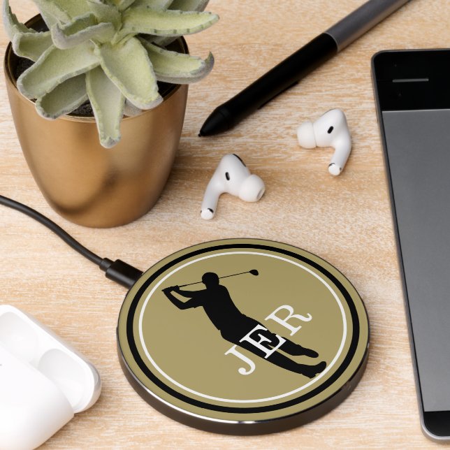 Cool Golf Male Golfer Sports Monogrammed Gold Wireless Charger (Desk 2)