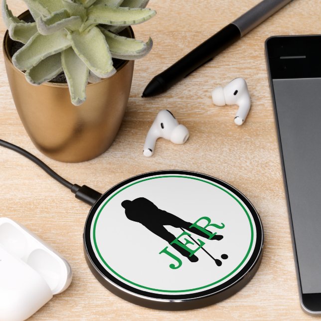 Cool Golf Male Sports Golfer Monogram Black Green Wireless Charger (Desk 2)