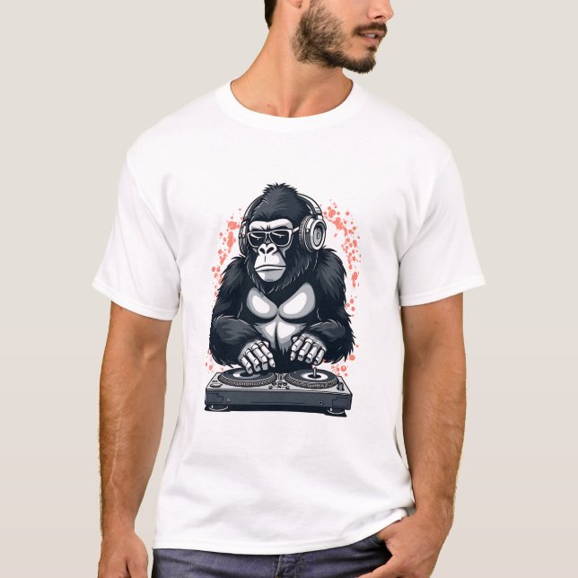 Cool Gorilla DJ Mixing Beats with Headphones T-Shirt (Front)