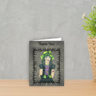 Cool Goth Girl Green Hat Tattoos Black Barbs Grey Thank You Card