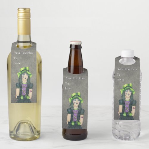 Cool Goth Girl Green Hat Tattoos Gloves On Grey Bottle Hanger Tag