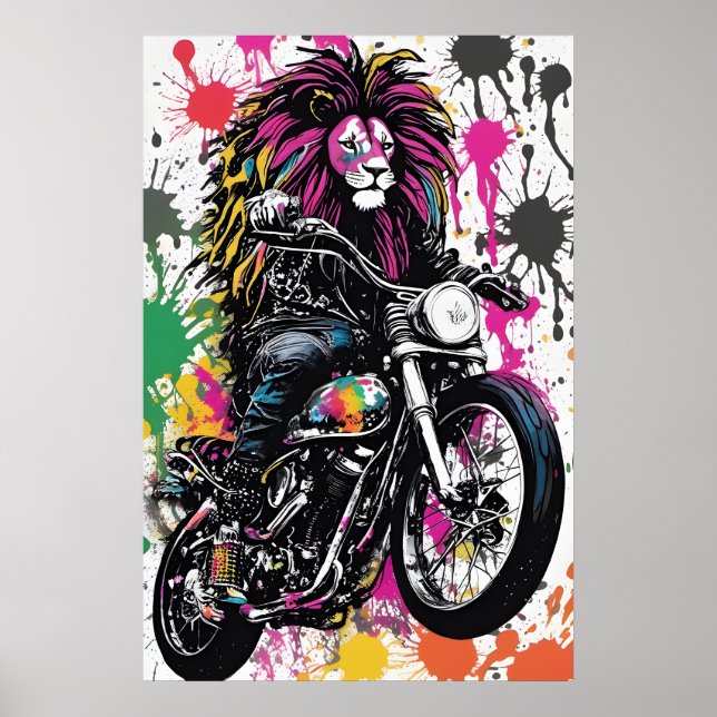 Cool Gothic Lion Biker Outfit Digital Art Poster (Front)