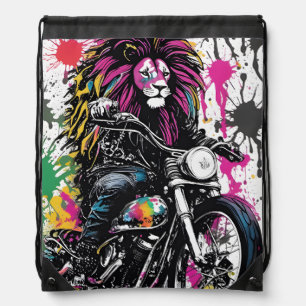 Cool Gothic Lion in Biker's Outfit Graphic Drawstring Bag