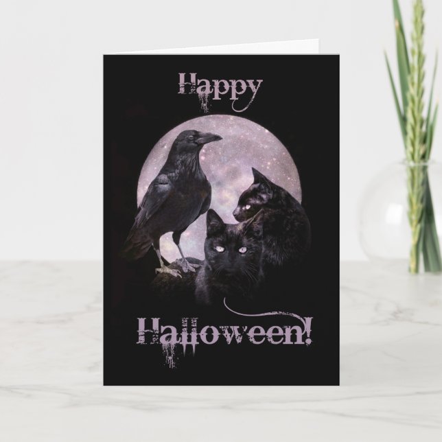 Cool Gothic Raven and Black Cat Halloween Card (Front)