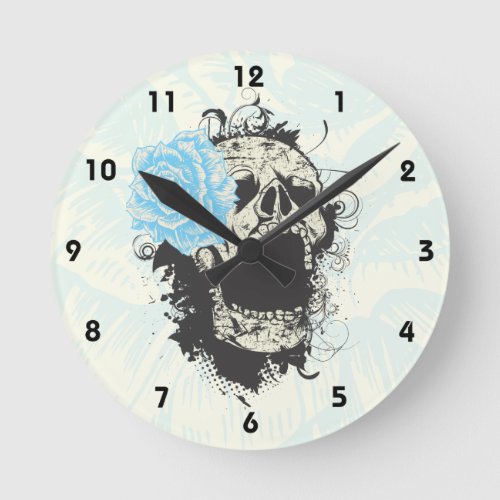 Cool gothic skull and blue rose wall clock