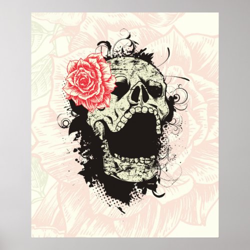 Cool gothic skull and red rose custom poster