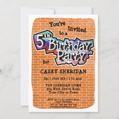 Cool Graffiti Art 5th Birthday Party Invitation