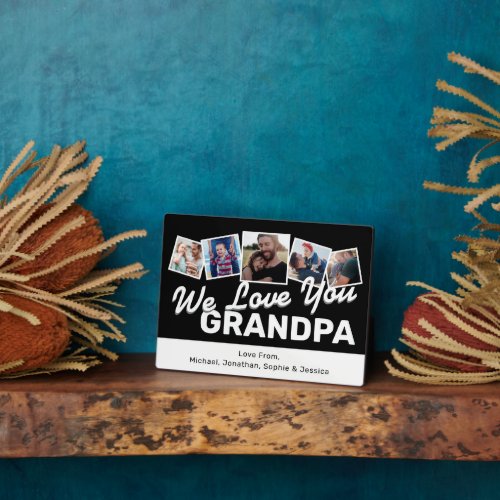 Cool Grandpa Photo Collage Plaque - Modern grandfather photo plaque featuring a black & white theme, 5 square family pictures of the grandchildren, a modern "we love you grandpa" typographic design, and the grandkids names.