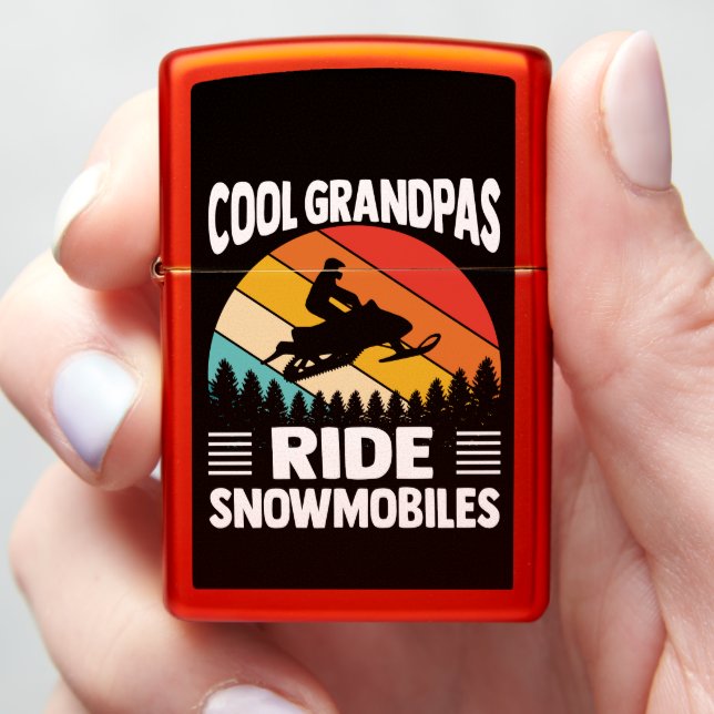 Cool Grandpas Ride Snowmobiles Vintage Sunset Zippo Lighter (In Hand)