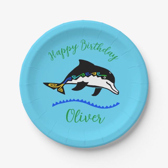 Cool graphic - DOLPHIN - Happy Birthday- Blue  Paper Plates (Front)