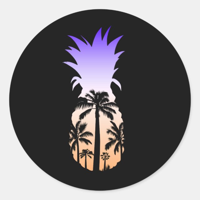 Cool Graphic Pineapple Sunset Palm Tree Beach Classic Round Sticker (Front)