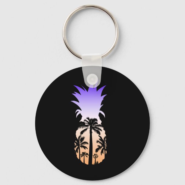Cool Graphic Pineapple Sunset Palm Tree Beach Keychain (Front)