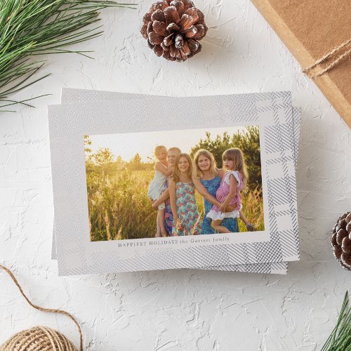 Cool Gray and Silver Simple Plaid Frame Foil Holiday Card