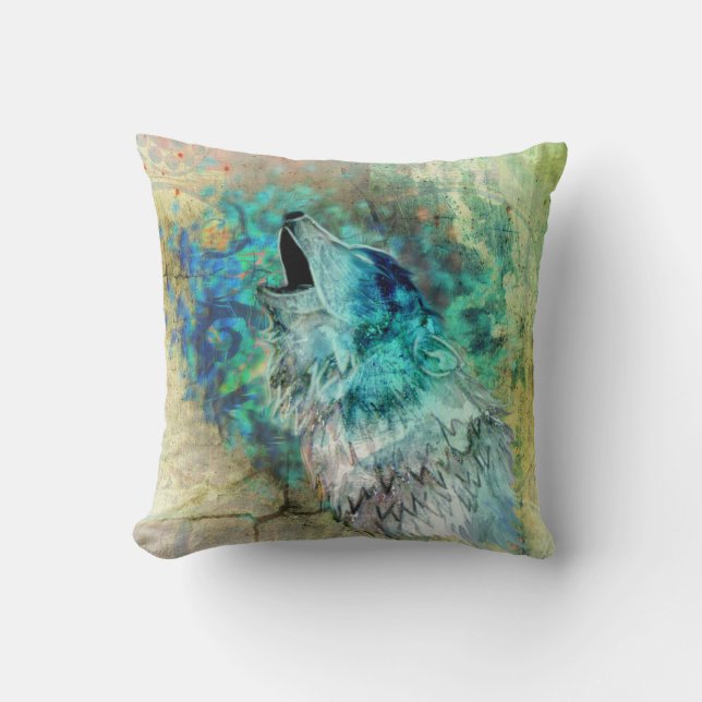 Cool Gray and Turquoise Howling Wolf Art Throw Pillow (Front)
