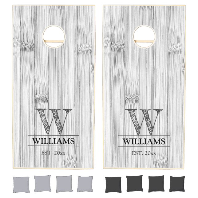 Cool gray bamboo wood print Family Monogram Cornhole Set (Set)