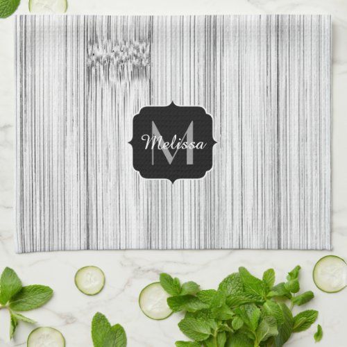 Cool gray bamboo wood print Monogram Kitchen Towel