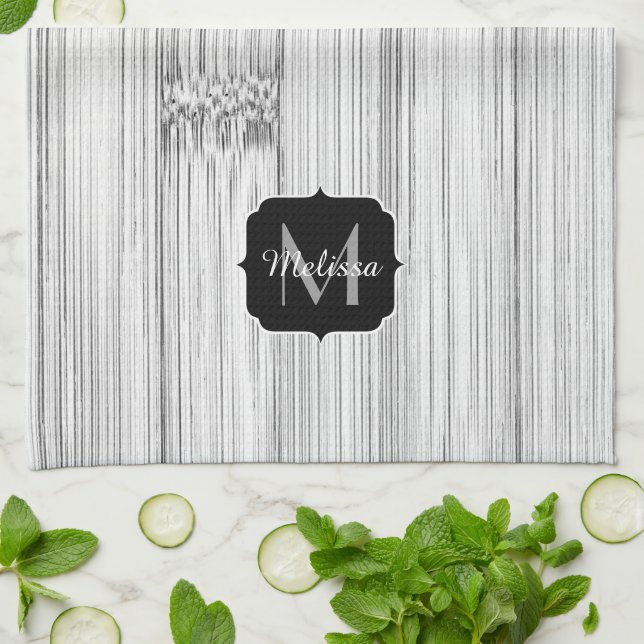 Cool gray bamboo wood print Monogram Kitchen Towel (Folded)