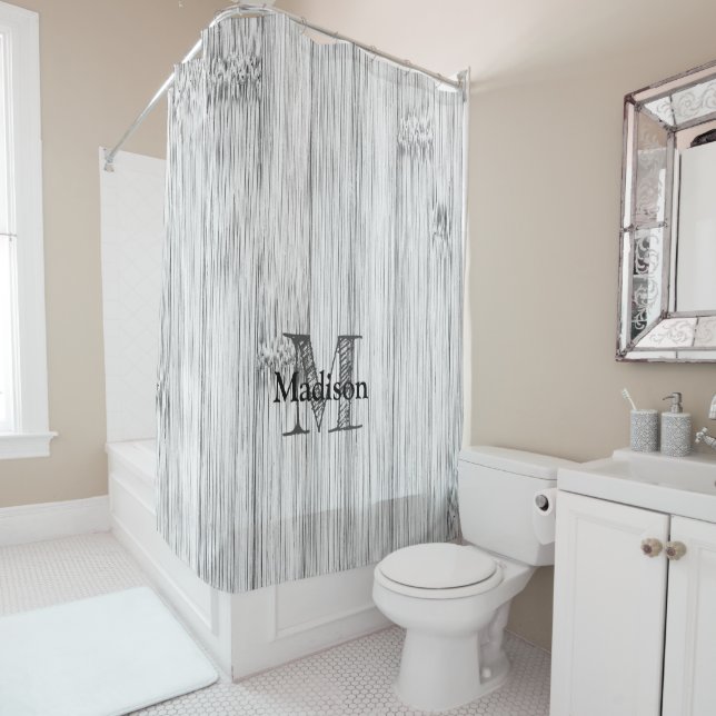 Cool gray bamboo wood print Monogram Shower Curtain (In Situ)