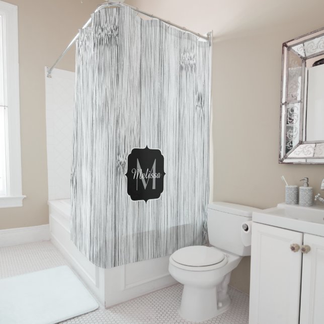 Cool gray bamboo wood print Monogram Shower Curtain (In Situ)