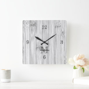 Cool gray bamboo wood print Monogram Square Wall Clock